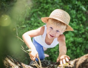 Kleiner Junge mit Strohhut versucht auf einen Baum zu klettern
