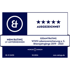 Ratingsiegel von Morgen & Morgen die WWK ist ausgezeichnet im Gesamtrating der Lebensversicherungsunternehmen für die Bilanzjahrgänge 2019-2023